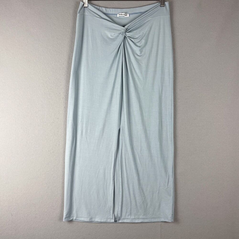 Reformation Rylan Midi Skirt Womens Large Blue Twist Front Knot Ruched Pull On - Picture 1 of 15